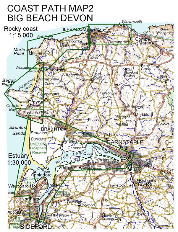 Croydecycle coast path map: Big Beach Devon: Westward Ho, Saunton Sands, Croyde Bay, Putsborough Sands, Woolacombe Sands, Morte Point, Ilfracombe
