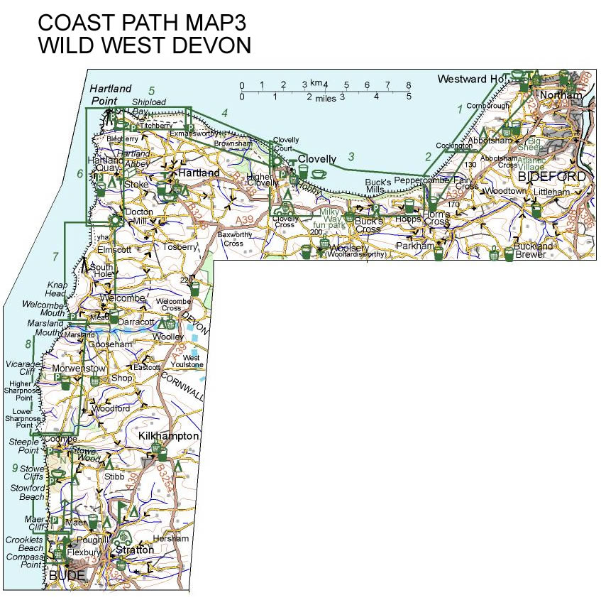 Croydecycle coast path map: Wild West Devon: Clovelly, Hartland Point, Hartland Quay, Welcombe, Morwenstow, Sandymouth