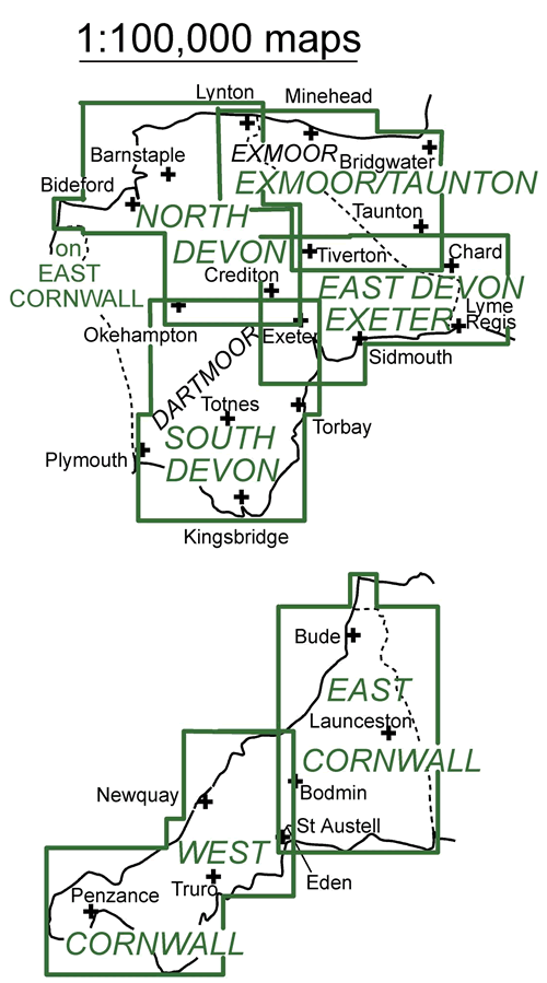 Touring maps of Devon & Cornwall at 1:100,000: Areas Covered