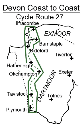 Cycle map of Devon Coast to Coast Cycle Route 27 at 1:60,000: Areas Covered