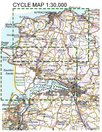 Cycle map of Braunton & Ilfracombe at 1:30,000: Areas Covered